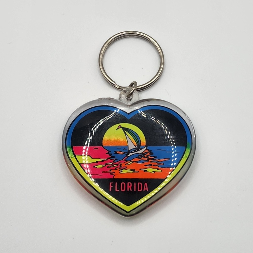 Vintage Florida Souvenir Keychain Tag Sailboat Sunset Neon Plastic Acryli Heart